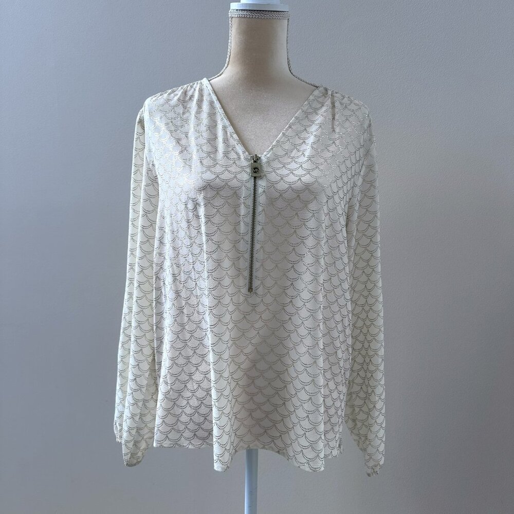 Michael Kors White Long-Sleeve Blouse with Gold Scallop Pattern and Zip Front –